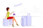 Abstract Woman with Luggage on Cityscape Background with Plane